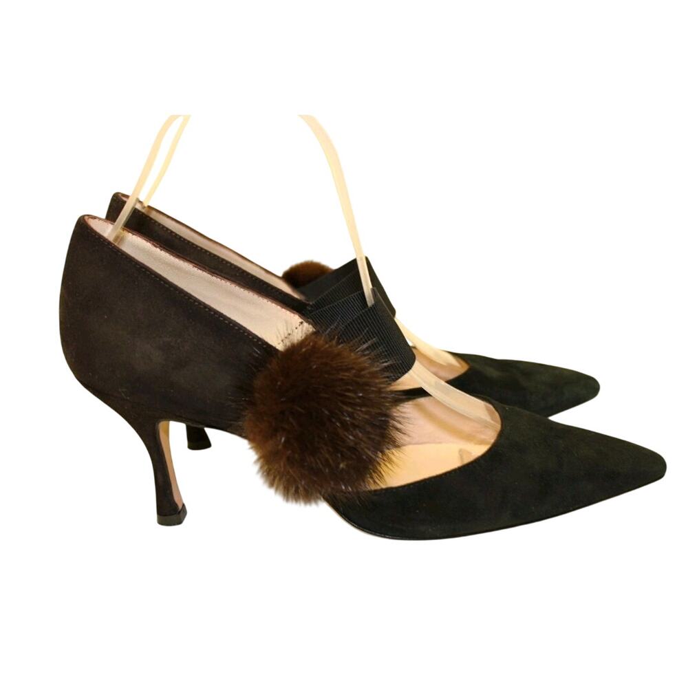 Jet-Set Paris Womens 8 38 Fur Pom Pom Suede Pointed Pumps Shoes Heels - Picture 6 of 16
